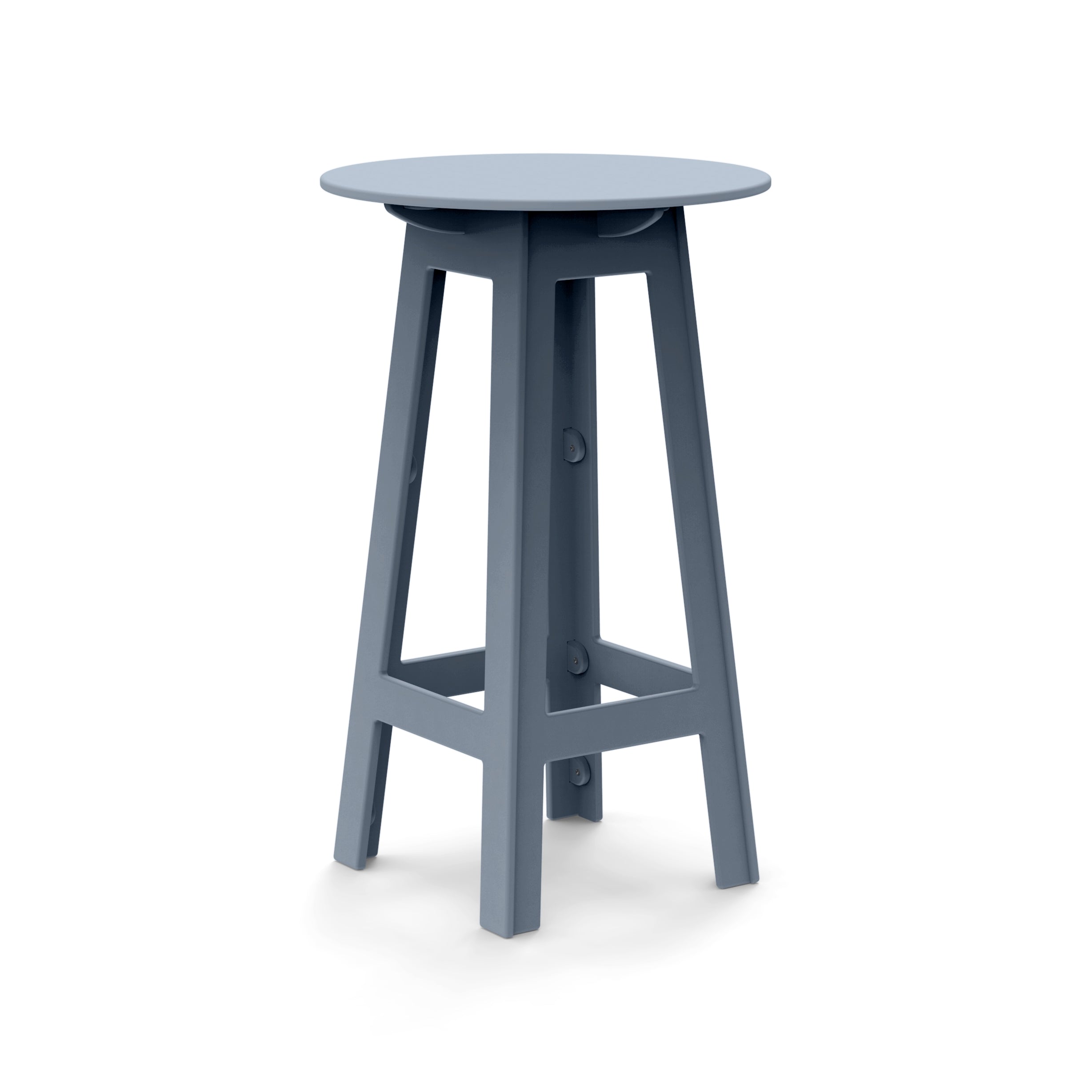 Slate blue round bar table with angled legs and open-frame cutouts