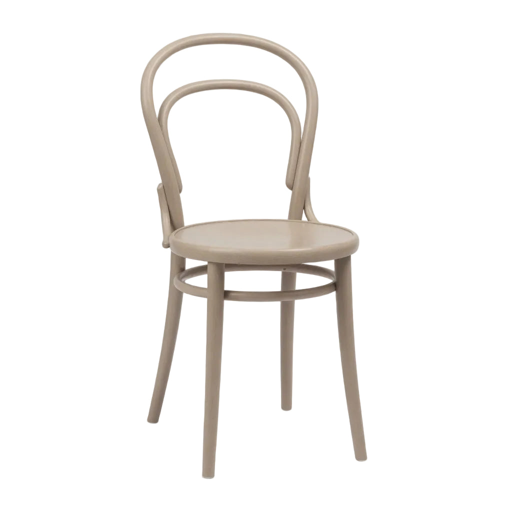 Astoria side chair with curved back and round taupe seat, tapered legs.