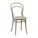 Astoria side chair with curved back and round taupe seat, tapered legs.