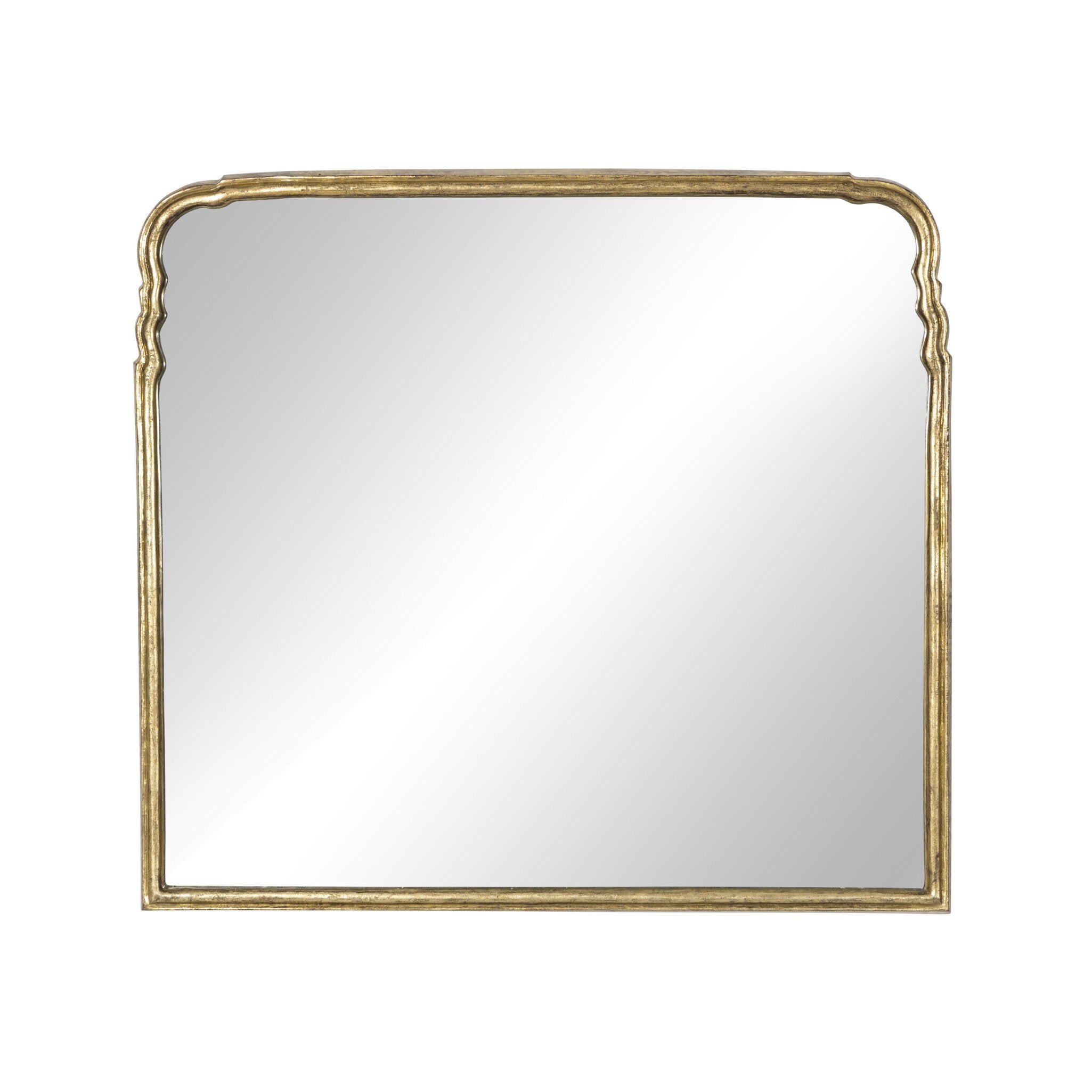 Loire mantel mirror with an arched silhouette and hand-applied antiqued gold leaf aluminum frame