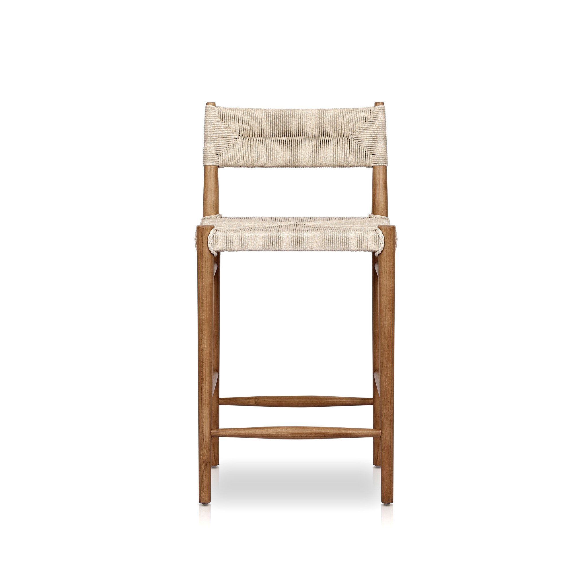 Outdoor bar counter stool with vintage white woven seat and back on wood frame