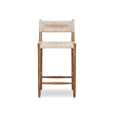 Lomas Counter Stool in Vintage White woven wicker with a tapered natural teak frame