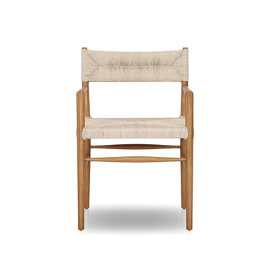 Lomas Outdoor Dining Armchair in Vintage White woven wicker with a tapered natural teak frame