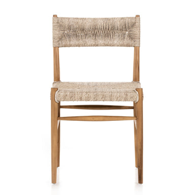 Lomas Outdoor Dining Chair in Vintage White woven wicker with a tapered natural teak frame