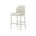 Light gray fabric bar stool with tall backrest and dark metal open frame base