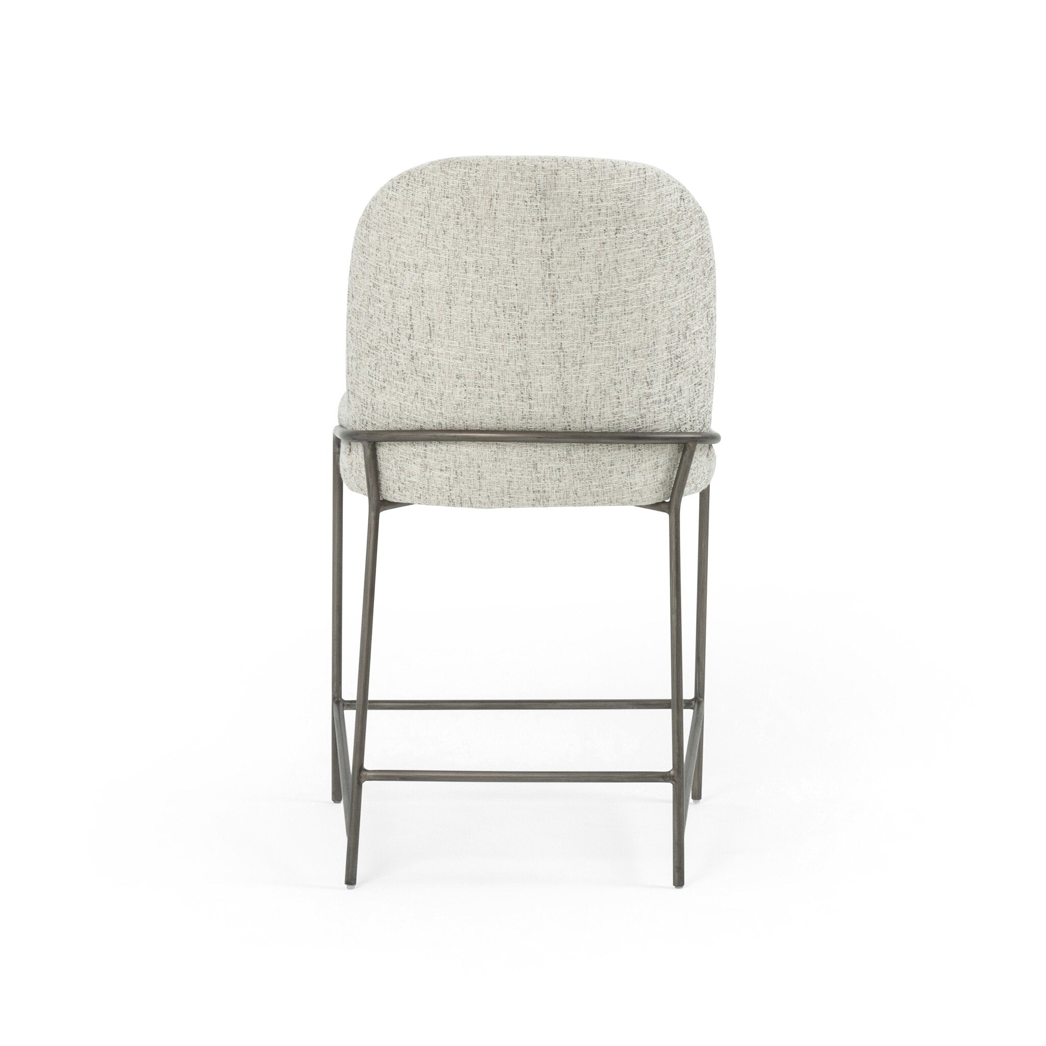 Light gray bar stool with upholstered seat, tall backrest, and dark metal legs