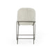Light gray bar stool with upholstered seat, tall backrest, and dark metal legs