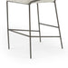 Upholstered bar stool with light fabric seat and backrest; metal frame and footrest bars