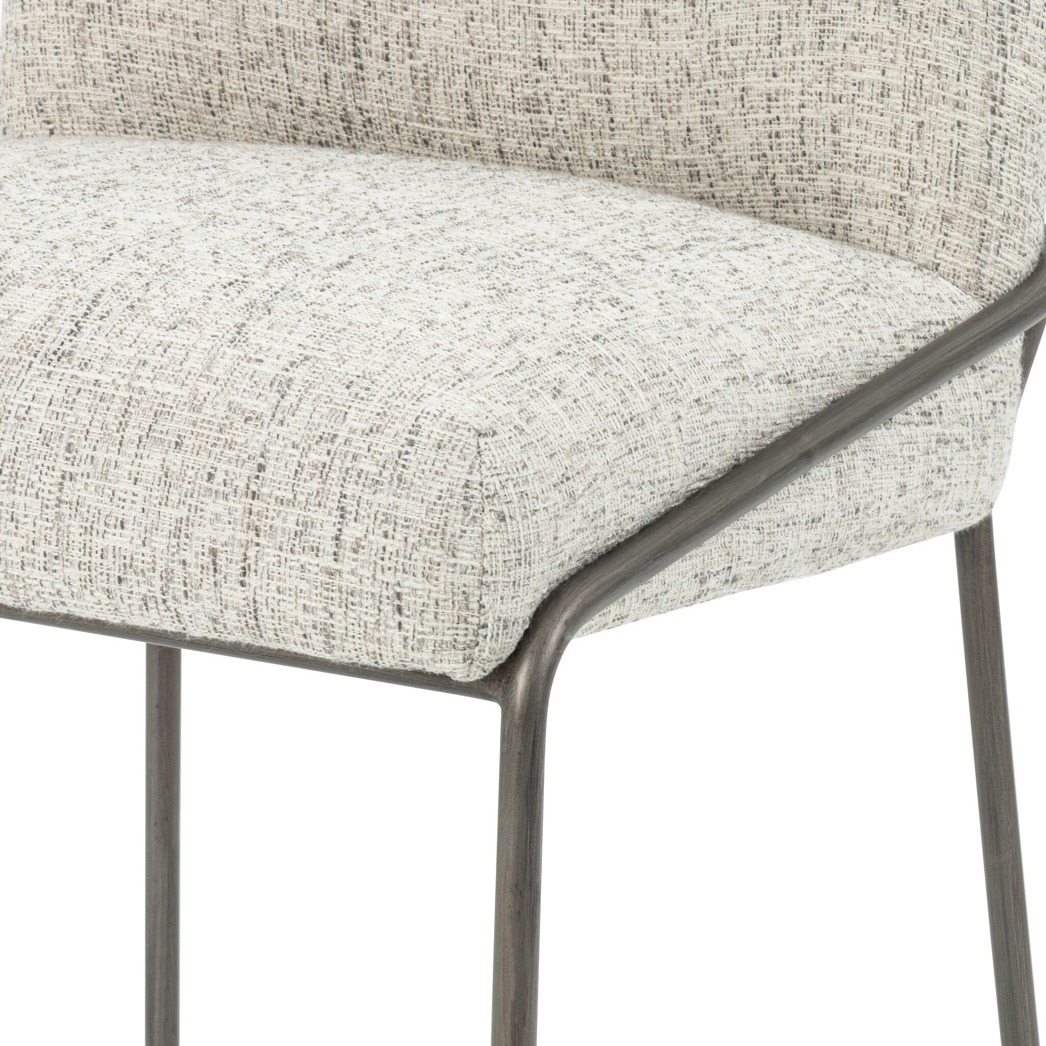 Light gray bar stool seat and arm with dark metal frame detail