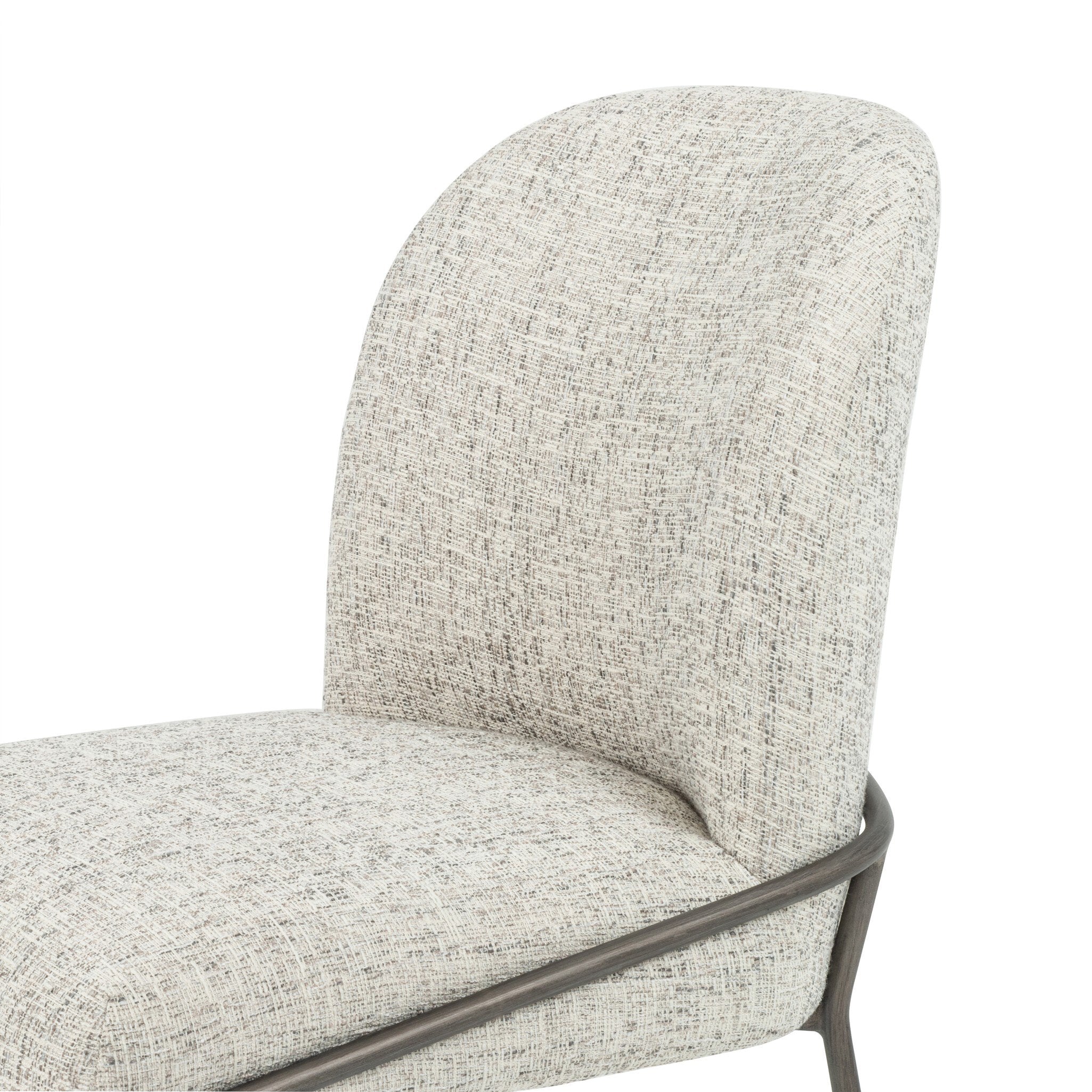 Light gray bar stool backrest with upholstered fabric and dark metal trim