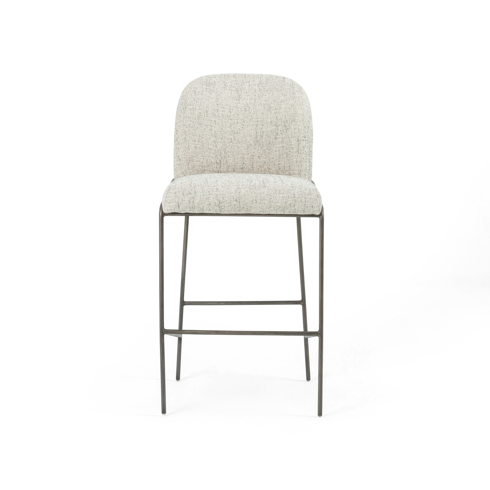 Light gray bar stool with fabric seat and tall rounded backrest, dark metal frame