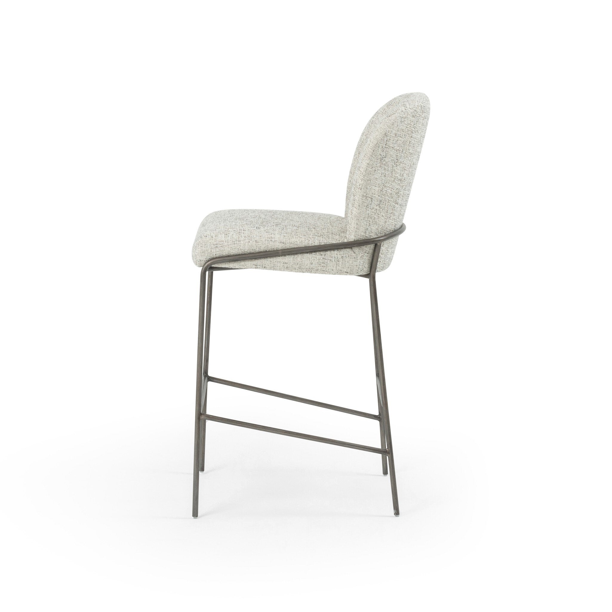 Light gray upholstered bar stool with rounded backrest and dark metal frame