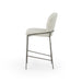 Light gray upholstered bar stool with rounded backrest and dark metal frame