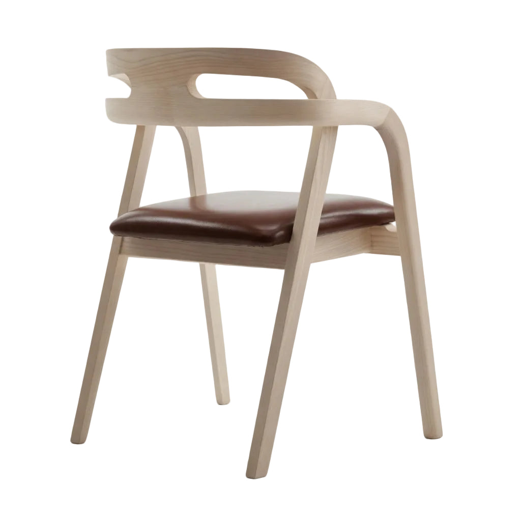 Arm chair with light wood frame and padded dark brown seat cushion, curved open back