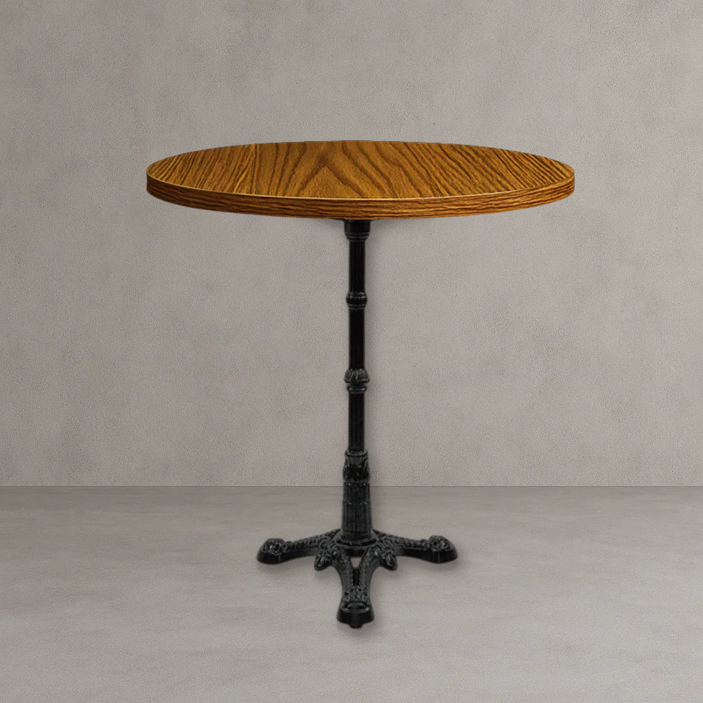 Round table base with dark cast-iron pedestal and ornate 4-foot base, wood top