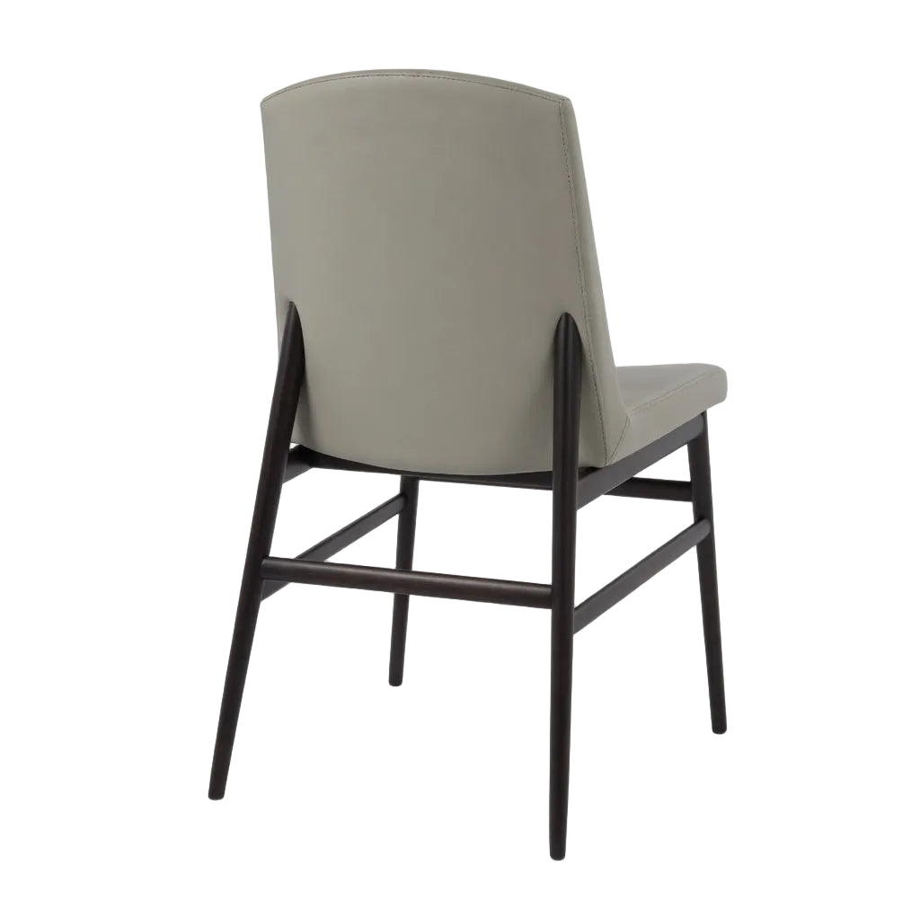 Upholstered side chair with light gray back and seat, dark brown wood base
