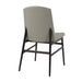 Upholstered side chair with light gray back and seat, dark brown wood base