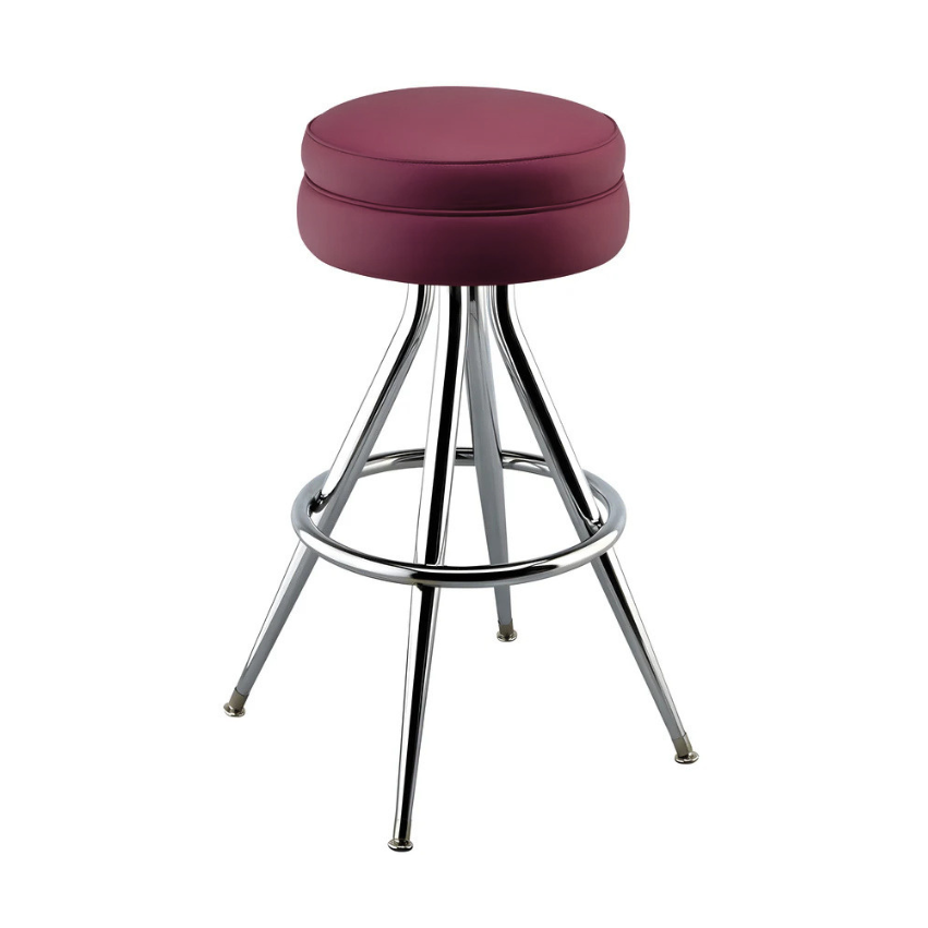 Maroon Rouge Briar Bar Stool with upholstered seat, featuring polished chrome frame with a built-in footrest
