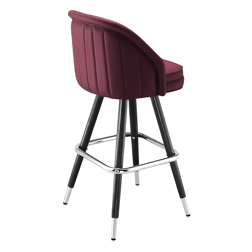 Maroon Rouge Channeled King bar stool featuring pronounced vertical channeling and a deeply padded upholstered seat with a sturdy black metal frame