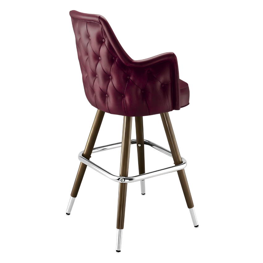 Maroon Rouge Chester high back bar stool featuring deep button tufting and a tall upholstered backrest with a slim wood metal frame