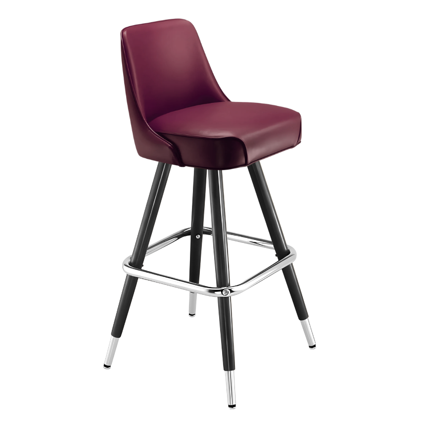 Rouge bar stool with padded seat, black metal legs, and chrome footrest