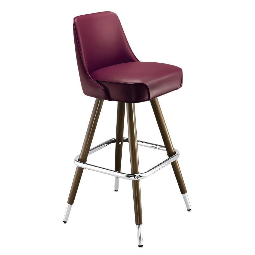Rouge bar stool with padded seat, straight wood legs, and chrome footrest