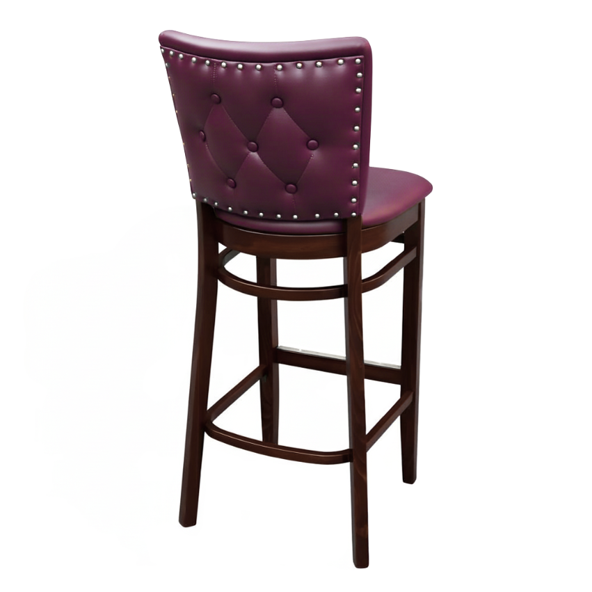 Maroon Rouge Dame Quincy Bar Stool with a tufted upholstered backrest, padded seat, and dark wood frame with a built-in footrest