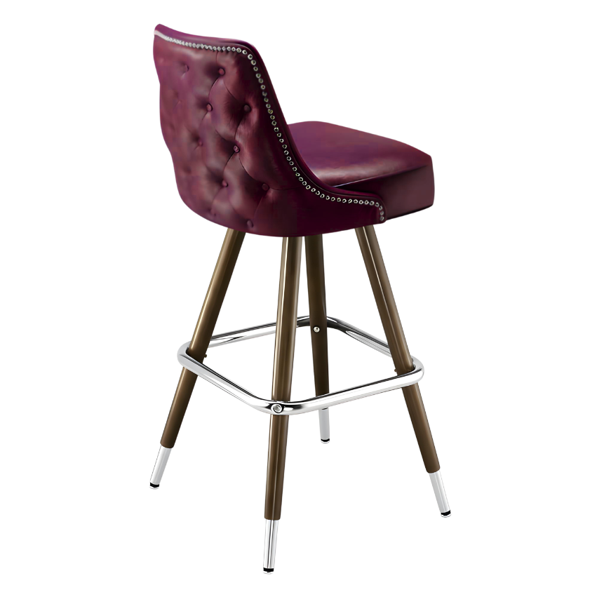 Maroon Rouge Hamilton nailhead bar stool featuring button tufting and a 90-degree auto-return wood metal swivel base with metallic nailhead trim