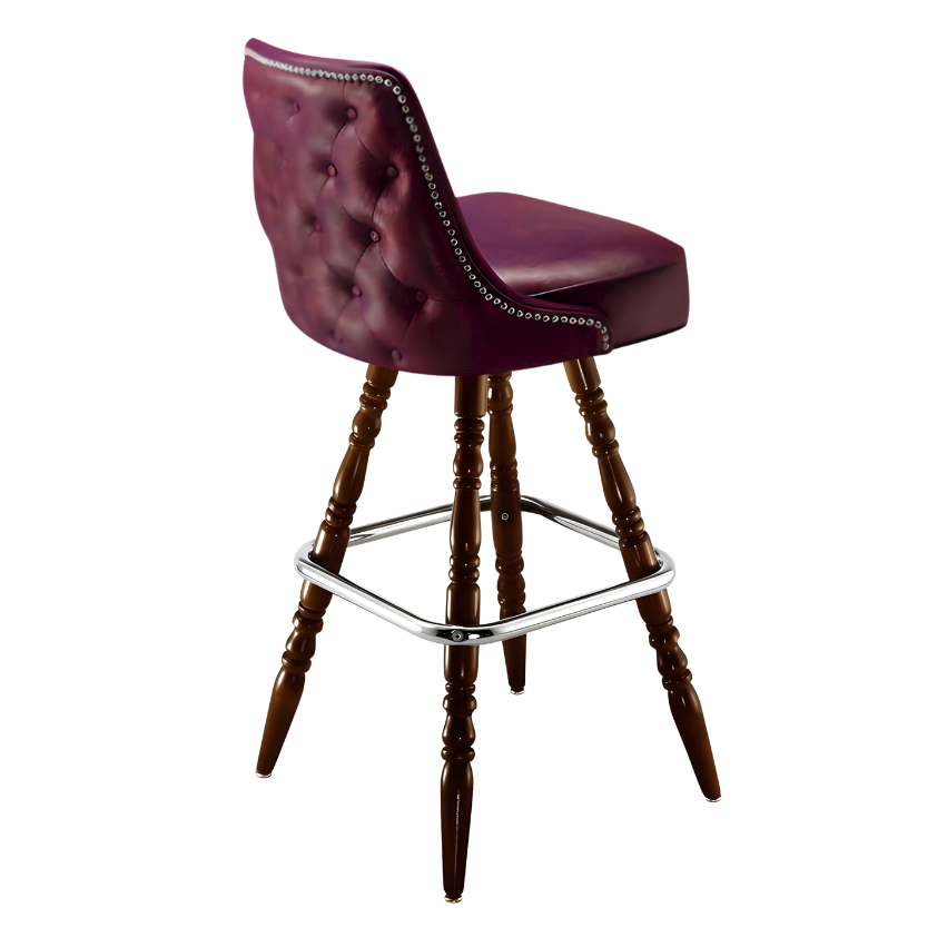 Maroon Rouge Hamilton nailhead bar stool featuring button tufting and a 90-degree auto-return wood swivel base with metallic nailhead trim