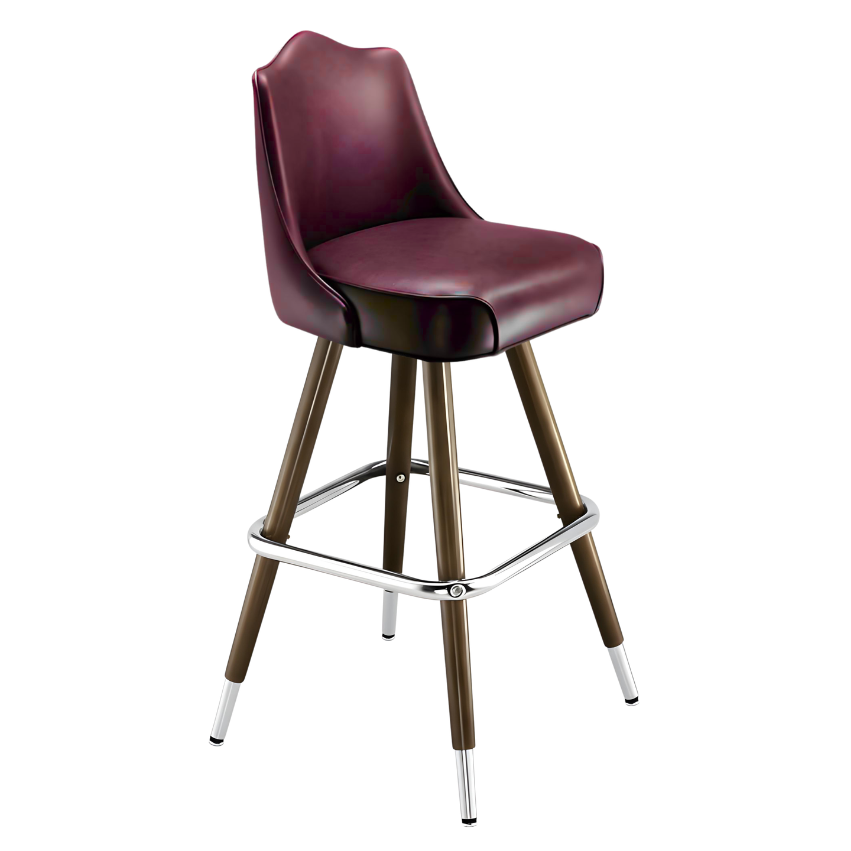 Maroon Rouge Kensington Crown bar stool featuring a softly arched backrest and a cushioned upholstered seat with a steady wood metal frame