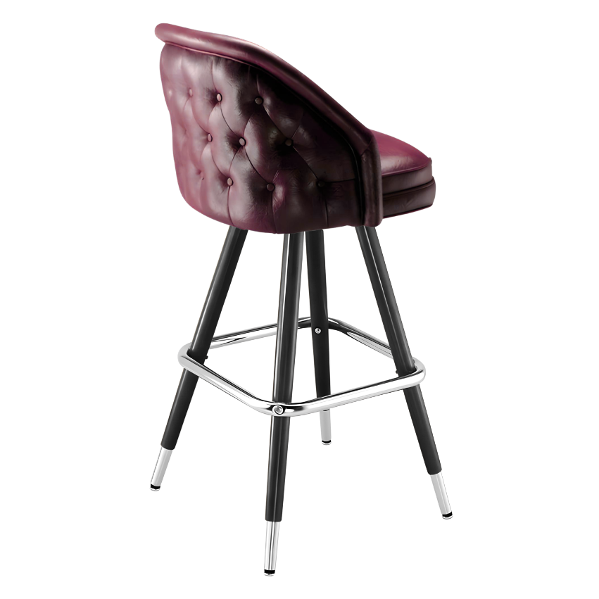 Maroon Rouge Kingsley Tufted bar stool featuring deep button tufting and a generous plush upholstered seat with a sturdy black metal frame