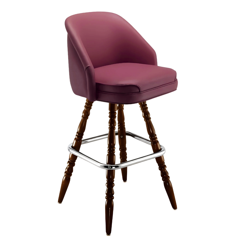 Maroon Rouge Kingston bar stool featuring a plush upholstered seat and a generous timeless silhouette with a sturdy wood frame