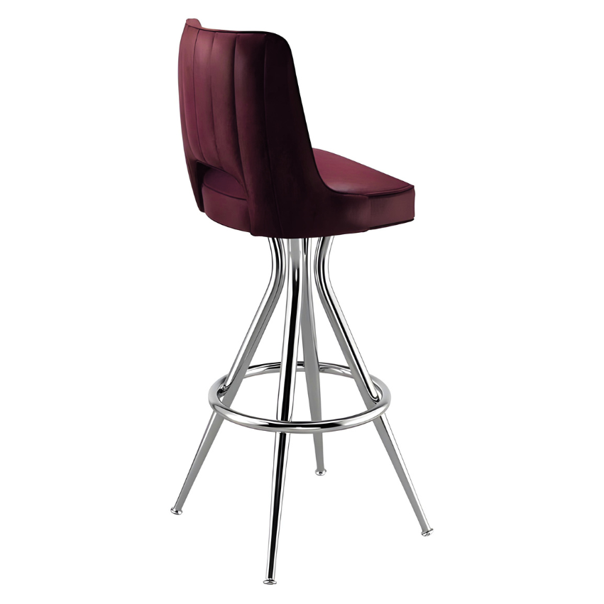 Maroon Rouge Modern Rowan bar stool featuring a softly cushioned swivel seat and a grounded metal frame with clean architectural lines for hospitality use