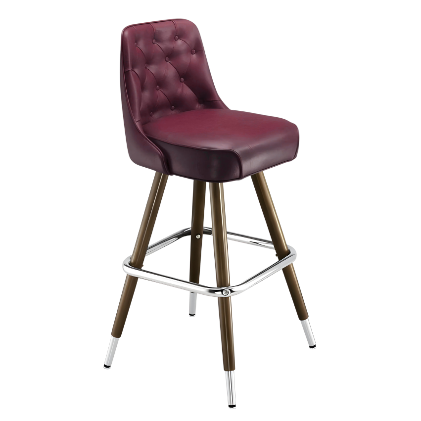 Maroon Rouge Monroe Tufted bar stool featuring classic button tufting and a 90-degree auto-return wood metal swivel base with performance upholstery