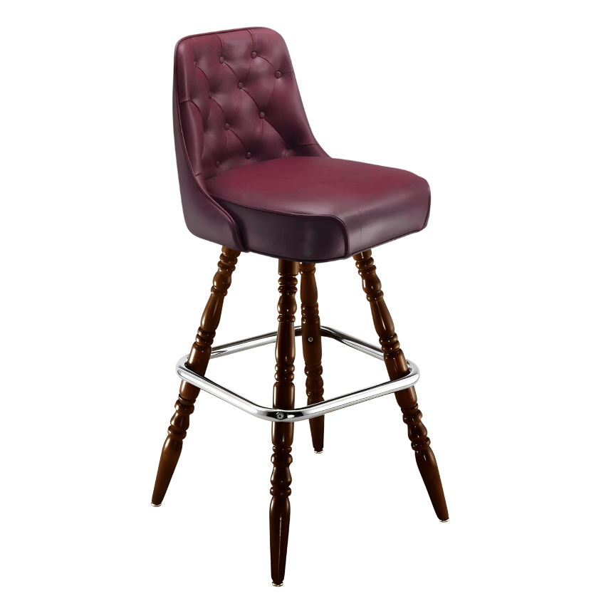 Maroon Rouge Monroe Tufted bar stool featuring classic button tufting and a 90-degree auto-return wood swivel base with performance upholstery