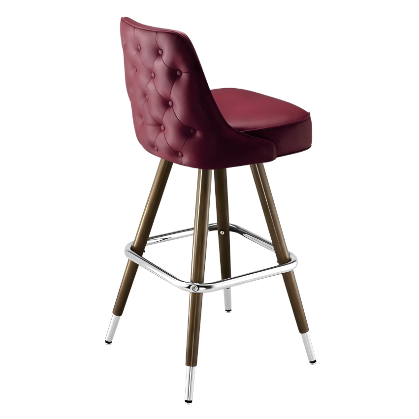 Maroon Rouge Montgomery outer tufted bar stool featuring deep button tufting on the backrest and a plush upholstered seat with a sturdy wood metal frame