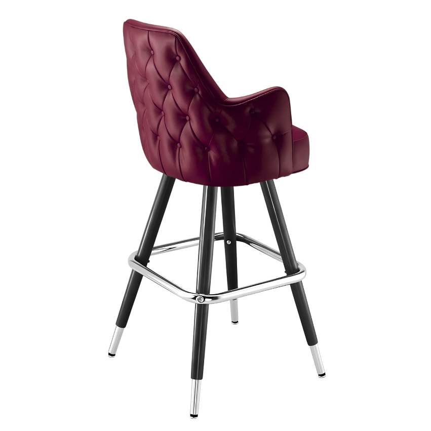 Maroon Rouge Regale Tufted bar stool featuring classic diamond button tufting and a structured clean-edge upholstered seat with a sturdy black metal frame