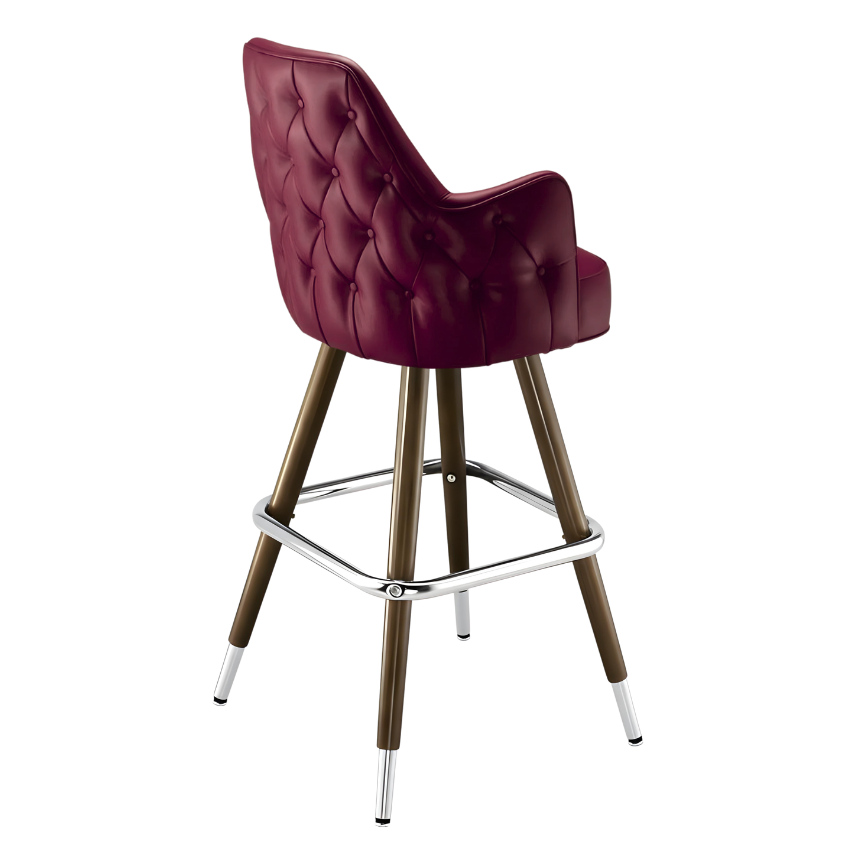 Maroon Rouge Regale Tufted bar stool featuring classic diamond button tufting and a structured clean-edge upholstered seat with a sturdy wood metal frame