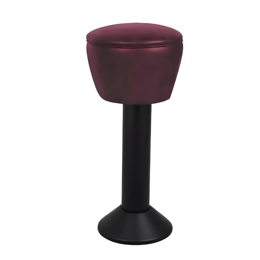 Maroon Rouge Regent bolted bar stool featuring a gentle upholstered seat and a permanent floor-mounted black base for dependable stability