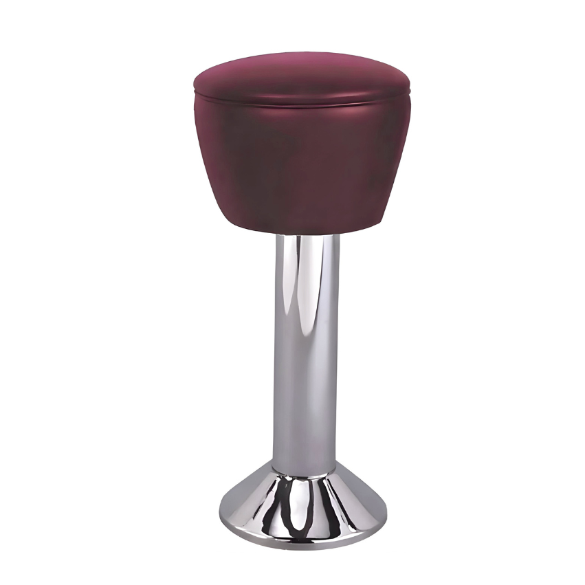 Maroon Rouge Regent bolted bar stool featuring a gentle upholstered seat and a permanent floor-mounted chrome base for dependable stability