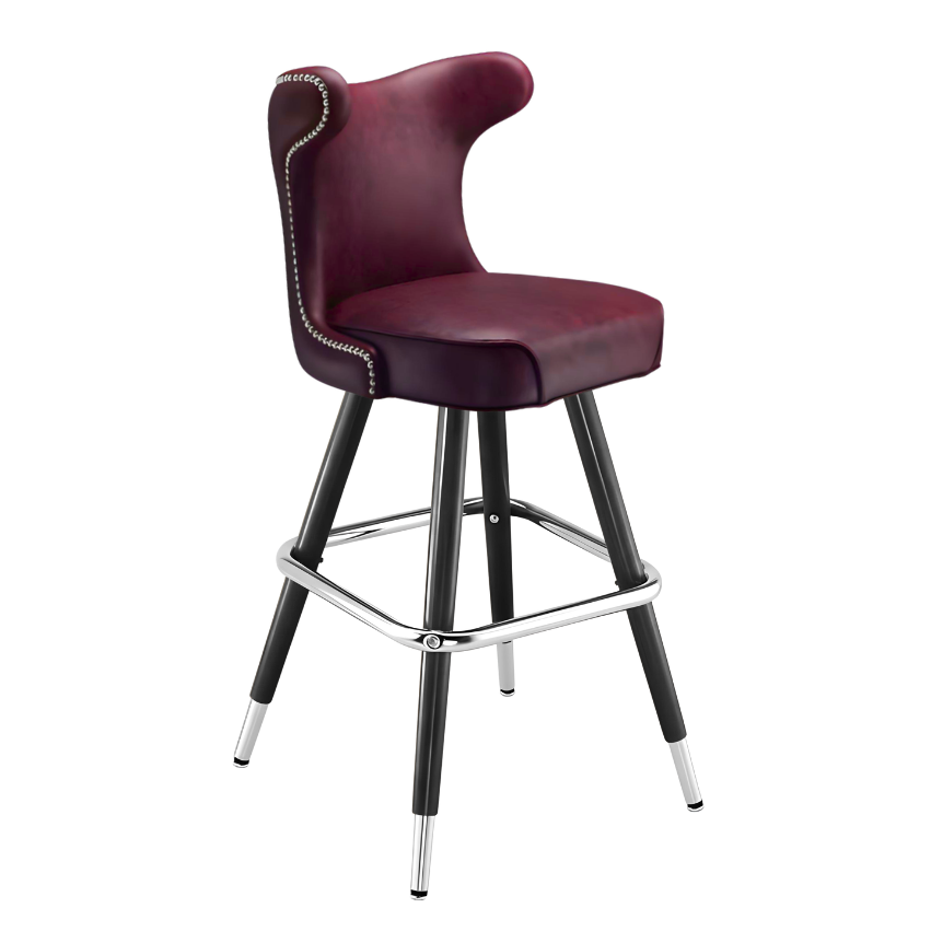 Maroon Rouge Silverado cowboy bar stool featuring a softly cushioned upholstered seat and a polished black metal frame with Western-inspired lines
