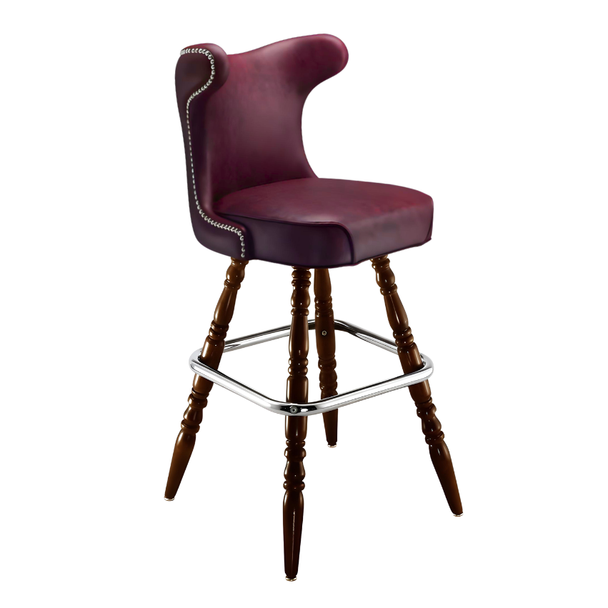 Maroon Rouge Silverado cowboy bar stool featuring a softly cushioned upholstered seat and a polished wood frame with Western-inspired lines