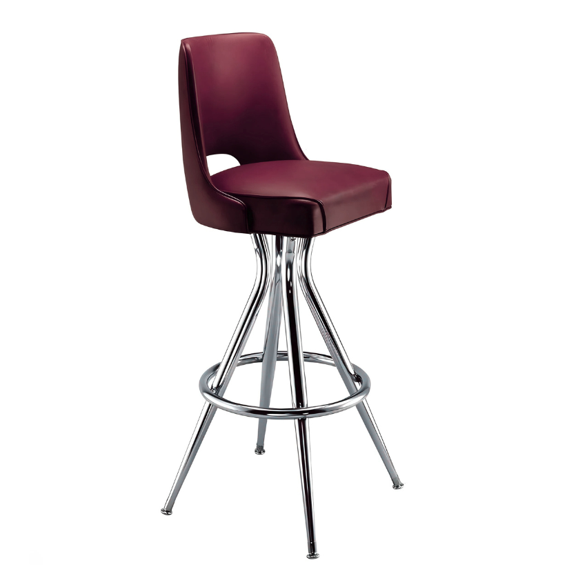 Maroon Rouge Sterling Bar Stool with a curved upholstered backrest, padded seat, and a sleek chrome frame with a footrest