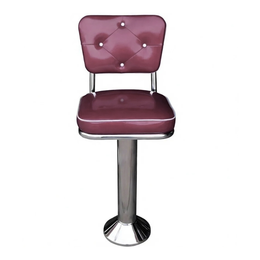 Maroon Rouge Vanellope bolted chrome  bar stool featuring smooth performance upholstery and a permanent floor-mounted metal base for refined stability