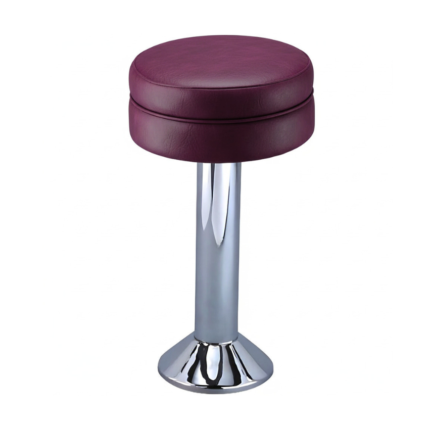 Maroon Rouge Winslow bolted bar stool featuring a sleek compact seat and a permanent floor-mounted chrome base for commercial stability