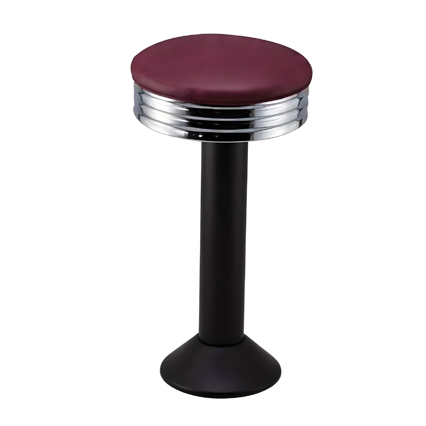 Maroon rouge black Wentworth bolted bar stool featuring a minimal modern seat and a permanent floor-mounted metal base for enduring stability