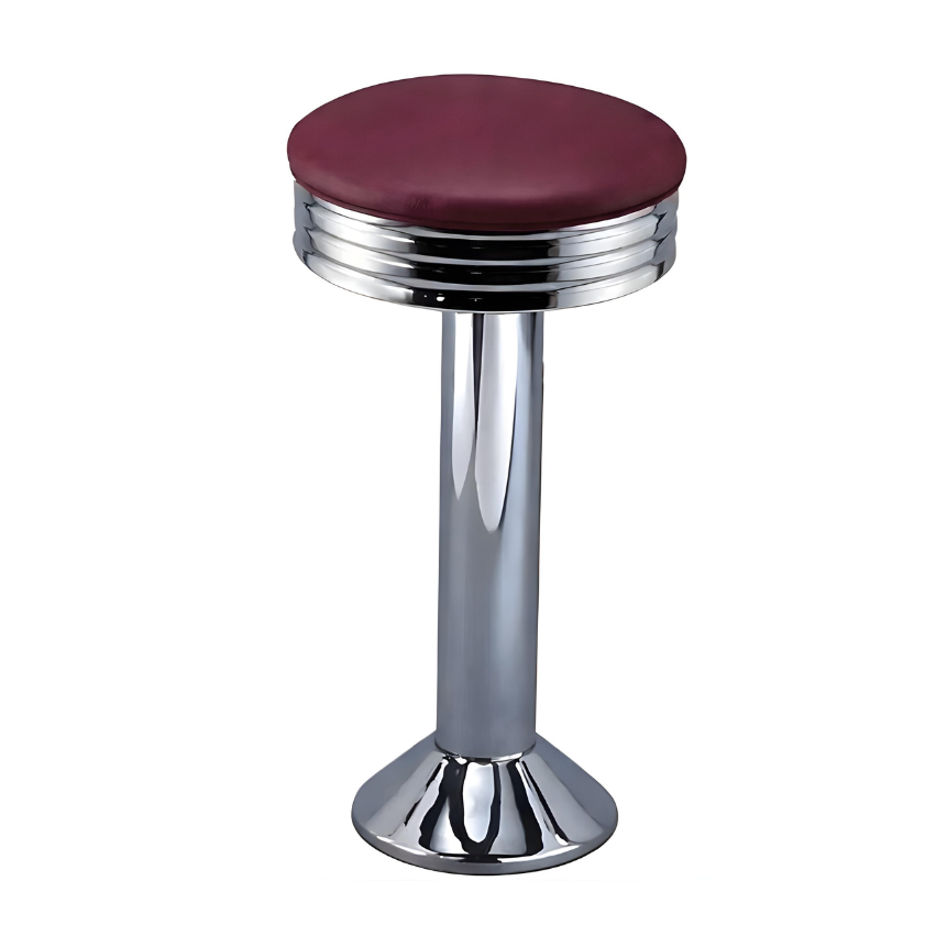 Maroon rouge chrome Wentworth bolted bar stool featuring a minimal modern seat and a permanent floor-mounted metal base for enduring stability