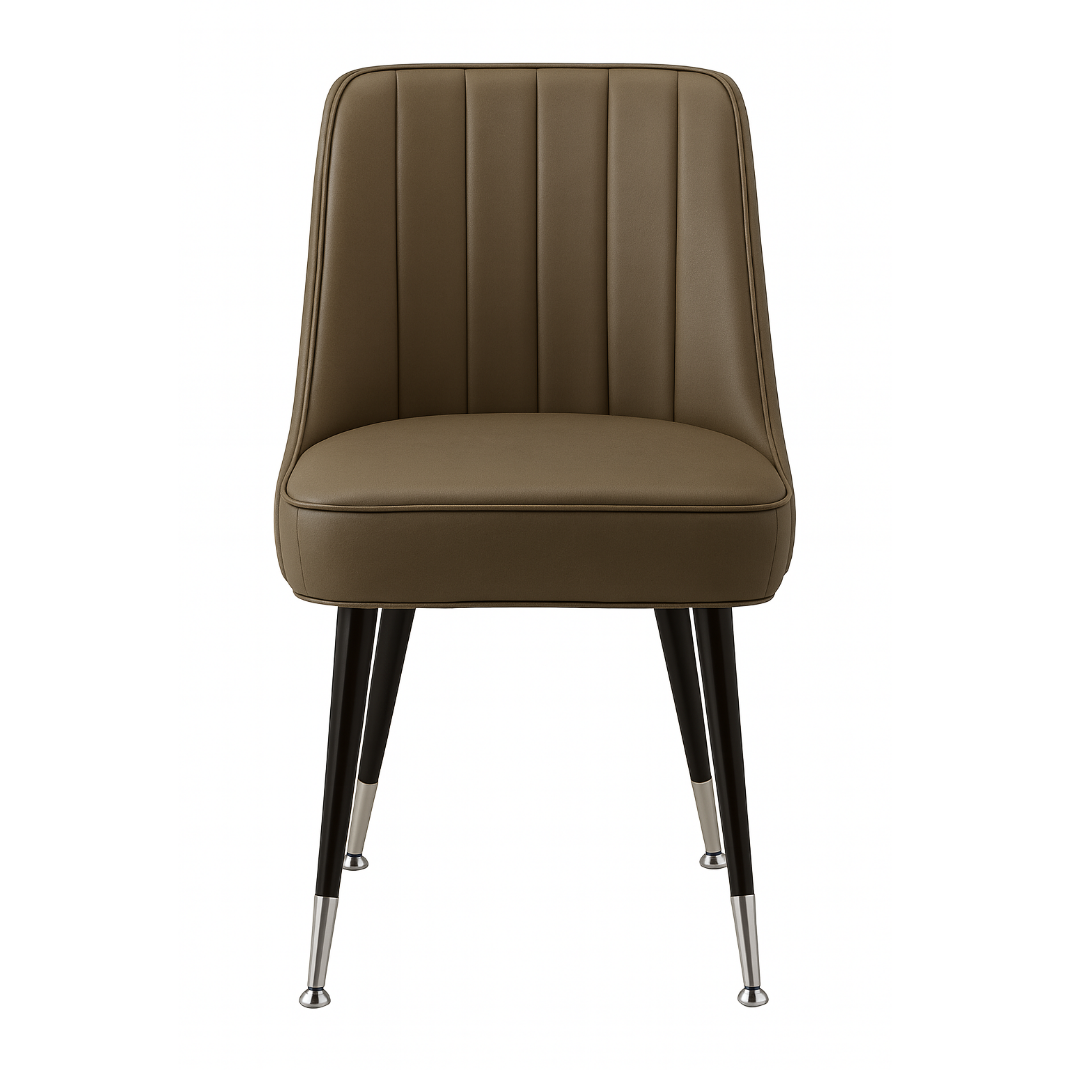Marquette Club Chair with a natural black frame, sling-style back, and porcini performance fabric
