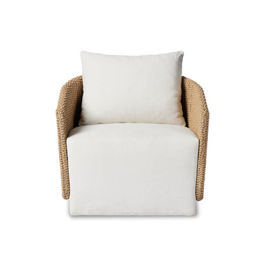 Maven Outdoor Swivel Chair in Alessi Linen with a faux hyacinth woven shell and 360-degree base