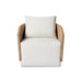 Maven Outdoor Swivel Chair in Alessi Linen with a faux hyacinth woven shell and 360-degree base